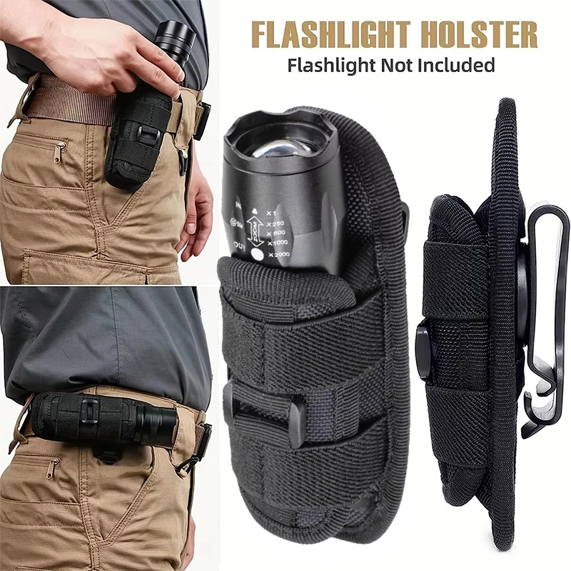 Tactical Flashlight Pouch Holster, Rotatable Holder Belt Clip Tactical Torch Carry Case with 360 Degree Carabiner Reel Clip
