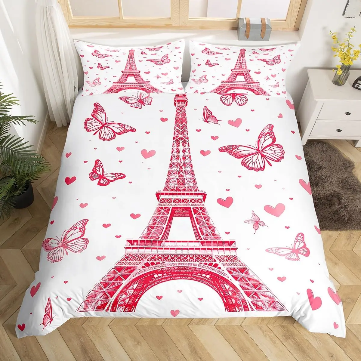 Vintage Eiffel Tower Twin King Duvet Cover,Romantic Paris Floral Bedding Set for Kids Adults,French Style Flower Comforter Cover