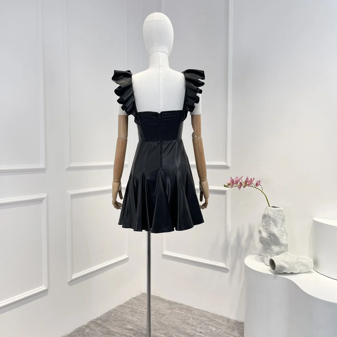 Latest 2022 Autumn Top Quality New Solid Black Frilled Ruffles Leather Vintage Pleated Mini Dress