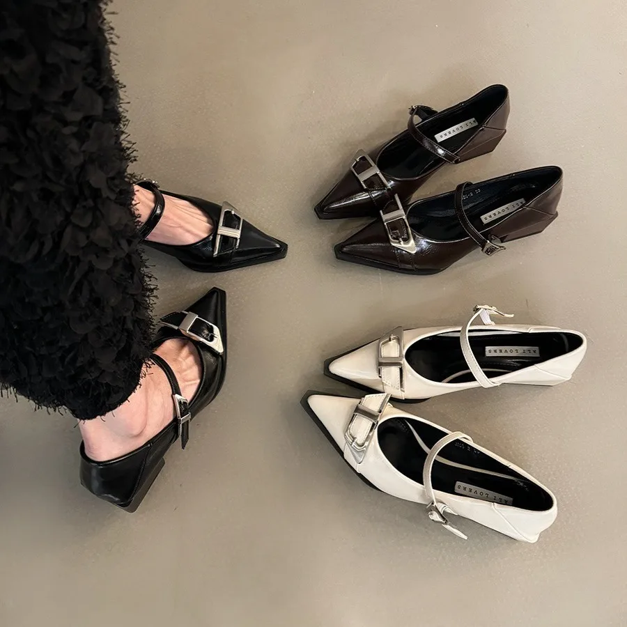 Vintage Senior Sense Thick Heel Single Shoes Women's Shoes 2024 New Spring and Autumn Pointed Small Leather Shoes