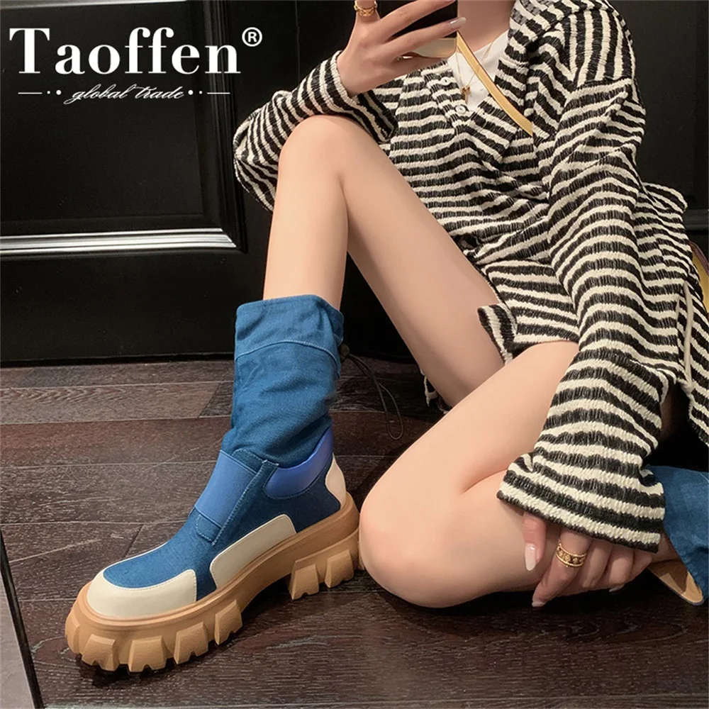 

Taoffen Women Denim Boots Genuine Leather Thick Bottom Mixed Colors Casual Elastic Band Shoe Ladies Flats Fashion Mid-calf Boots