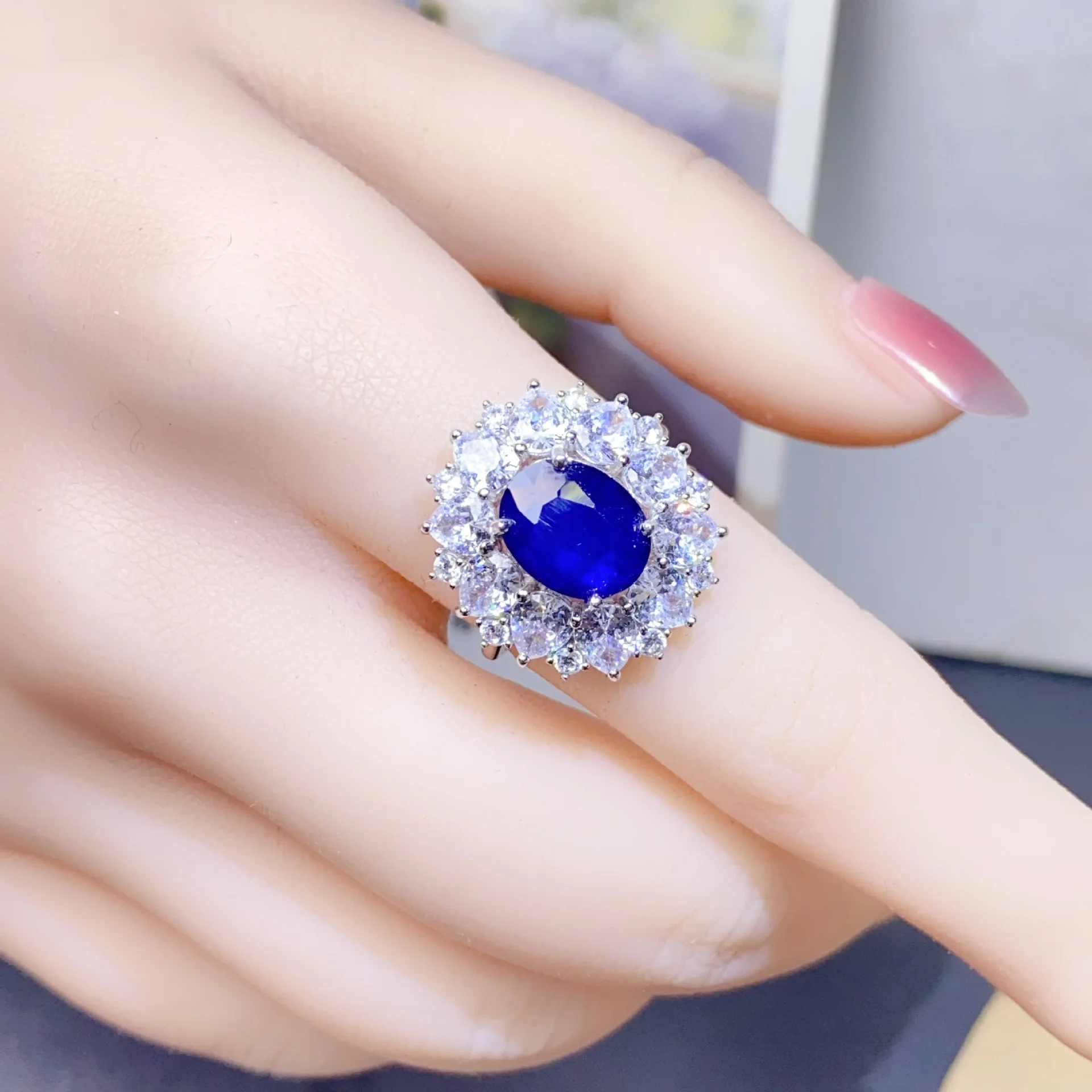 

Классическое женское кольцо из стерлингового серебра S925 с натуральным сапфиром - 8*10 мм, роскошные ювелирные изделия с драгоценными камнями и бриллиантами