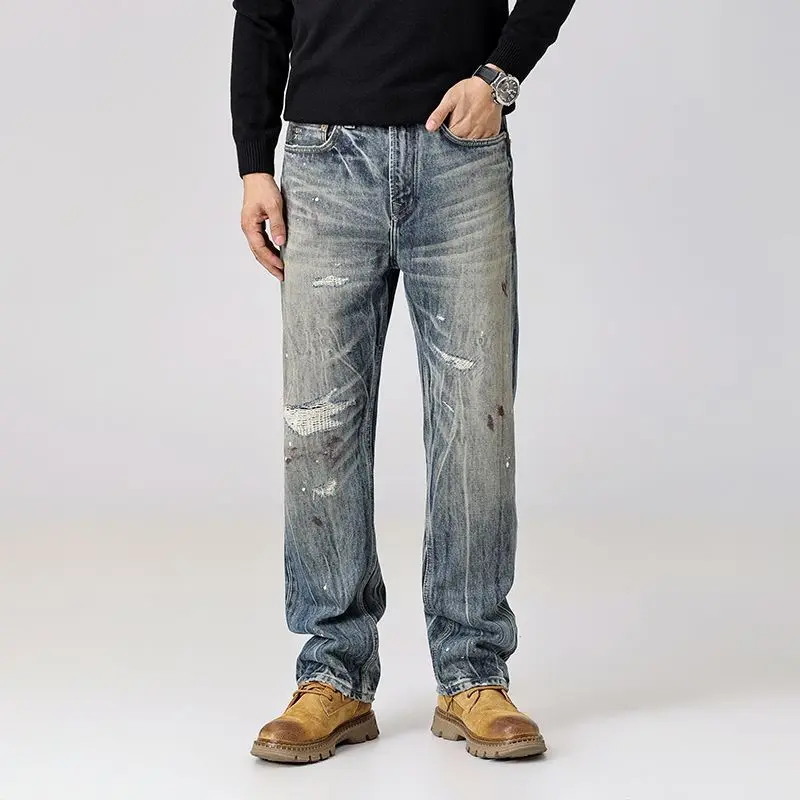 جينز ريترو للرجال، تصميم عتيق راقي، ملابس الشارع، سراويل طويلة رائعة وعصرية، كشط وممزقة بأرجل مستقيمة