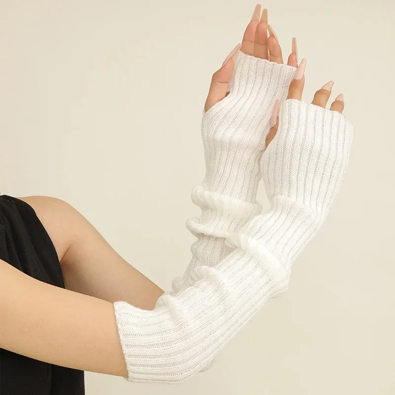 56cm Cute Lolita Style Long Fingerless Gloves Women Winter Arm Warmer Knitted Arm Sleeve Casual Soft Girls Punk Gothic Mittens