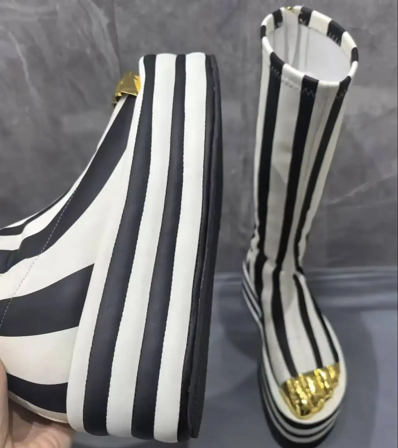 

Black And White Stripes Cloth Stretch Boots For Women Golden Five Fingers Botas Femininas Back Zipper Flat High Heels Hemegot