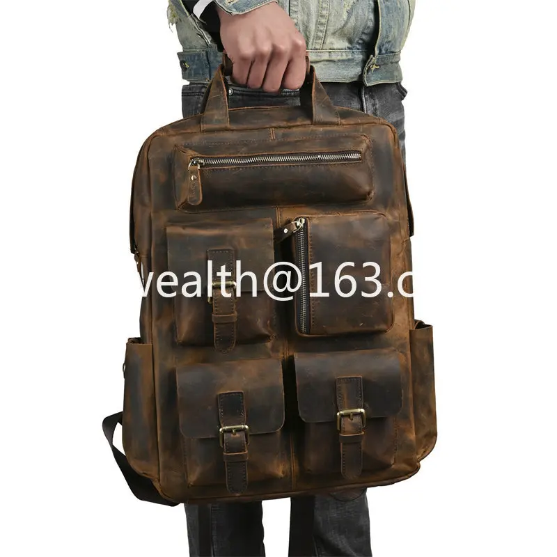 European and American retro backpack first layer cowhide trendy men outdoor travel 17 inch computer bag large capacity leather