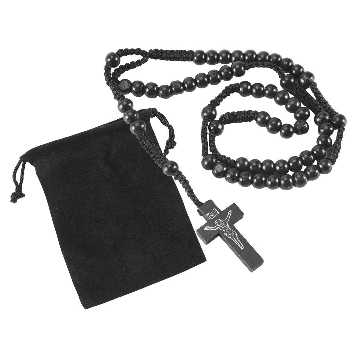 Wooden Pendant Pendant Necklace Black Cross Beads Retro 24 Inches Rosary Chain Chain Man, Woman