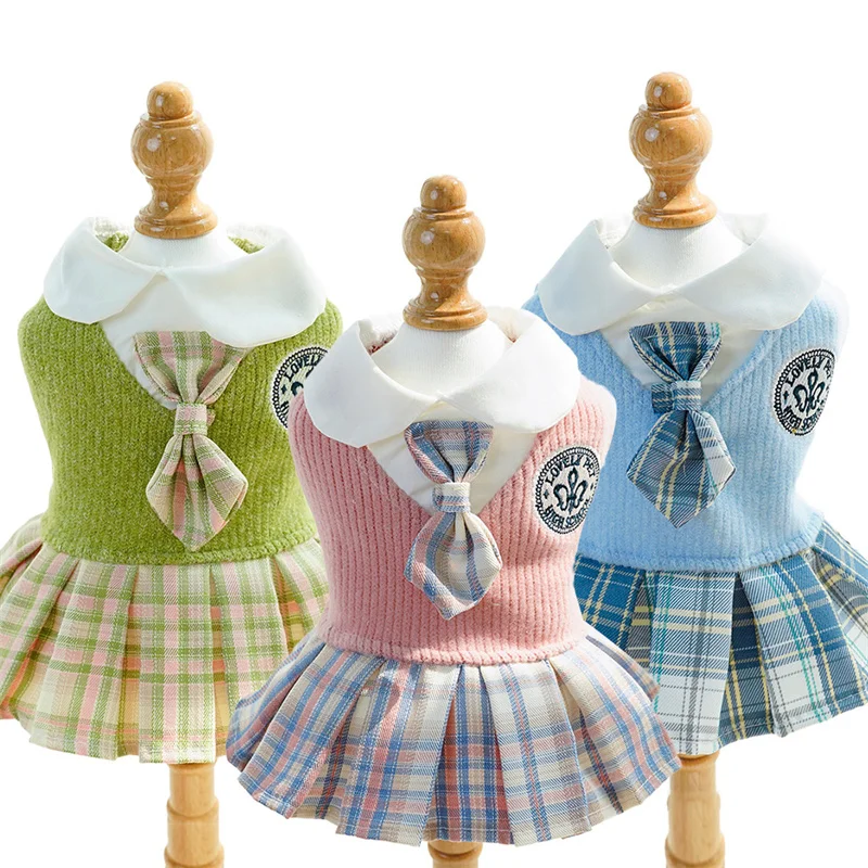 College Style Cute Pet Clothing Dog Dress for Small Dogs Cats Plaid Skirt Spring Clothes Cat Chihuahua Teddy Yorkshire Costume