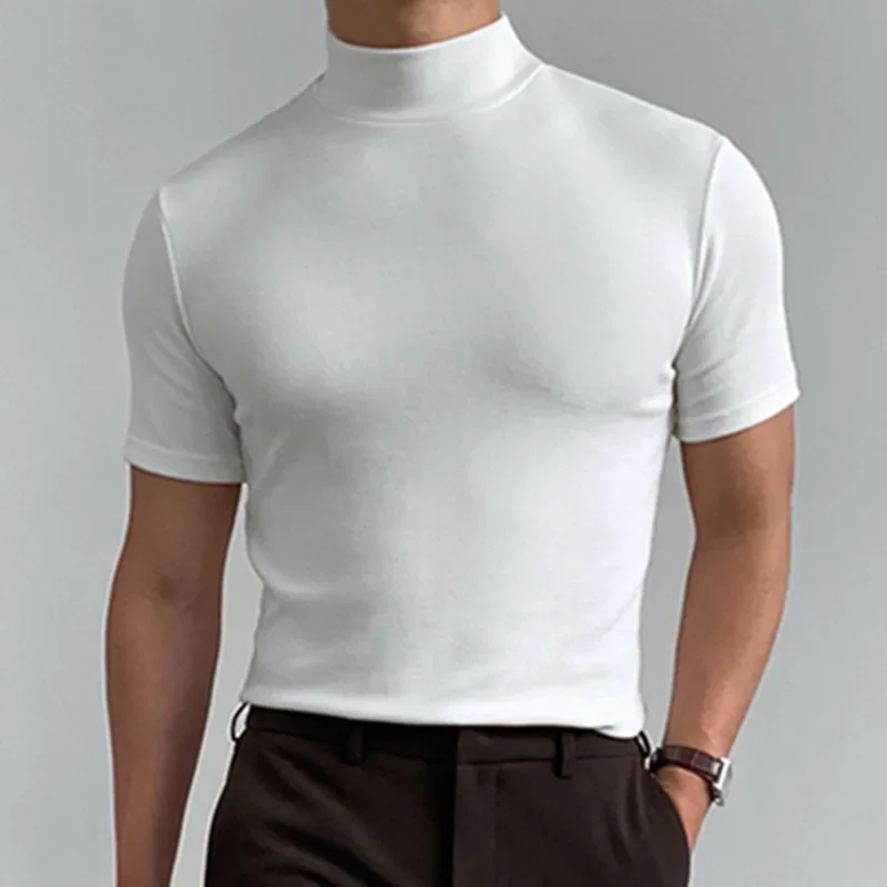 Mens Mock Turtleneck Sweater Short Sleeve Solid Color T-Shirts Basic Slim Fit Pullover Tees