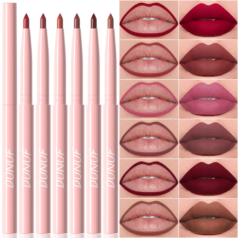 DUNUF 6 ชิ้น/เซ็ต Velvet Matte Lipliner ดินสอกันน้ําลิปสติกปากกา Non-stick Cup แต่งหน้า Rose Red Lip Tint Nude สีน้ําตาล lip Liner