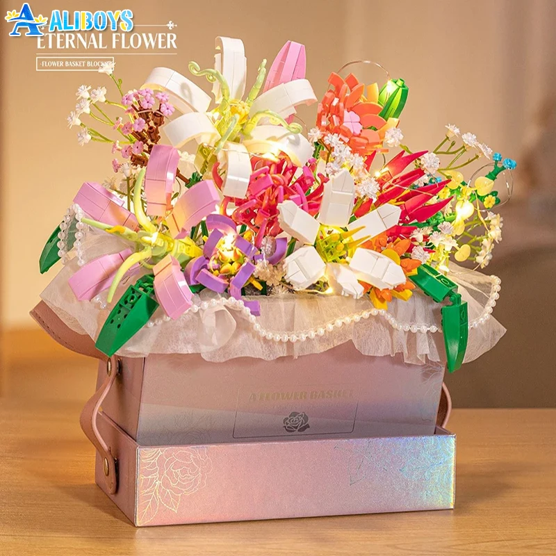 

Diy Eternal Flower Basket Building Block Simulation Tulip Carnation Lily Rose Assembly Education Toy Home Decoration Party Gift