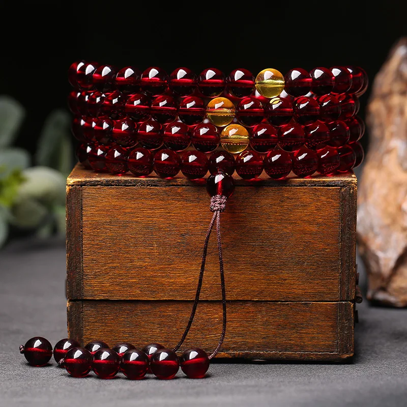 Myanmar Blood Amber 108 Bead Mala - Amber Bracelet, Multi-Circle Necklace, Unisex Water-Clear Prayer Beads