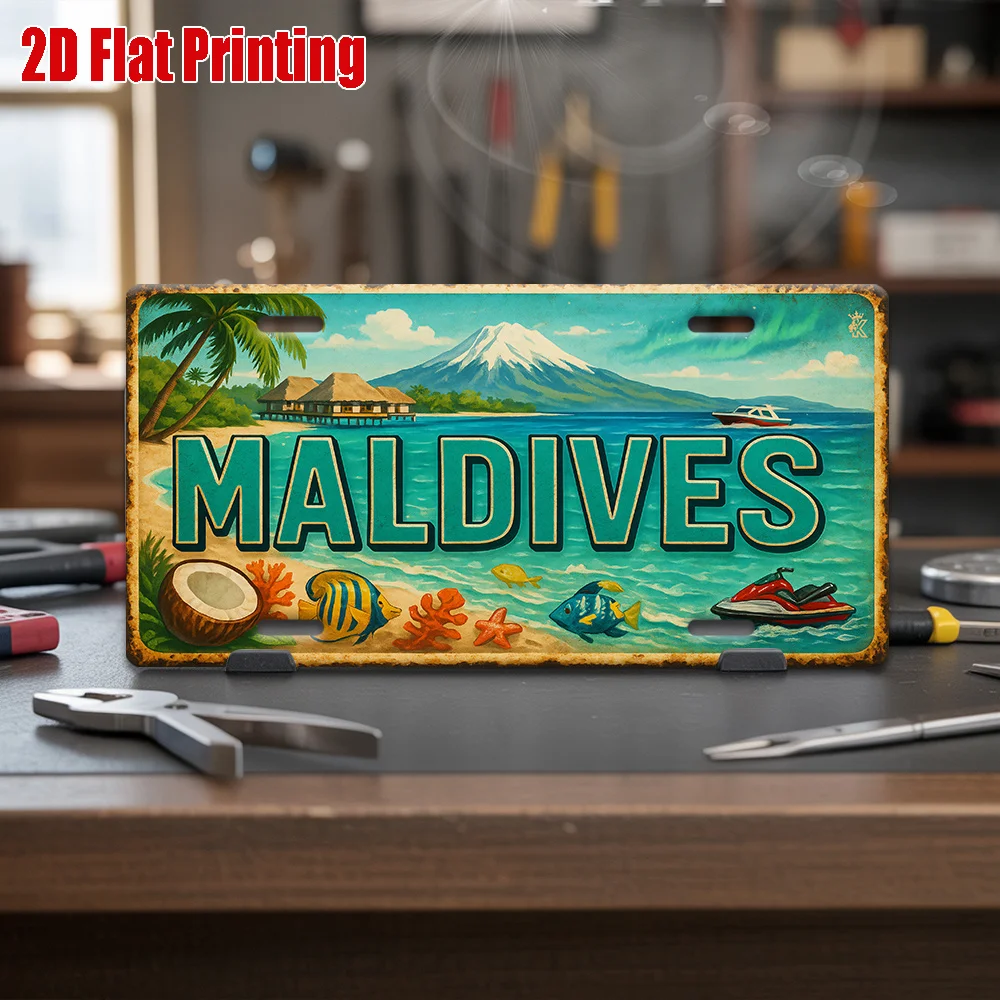 2D Flat, 1pc Maldives Tropical Island Metal Wall Art Sign - 30.48X15.24Cm Vintage Decorative Plaque with Vibrant Beach