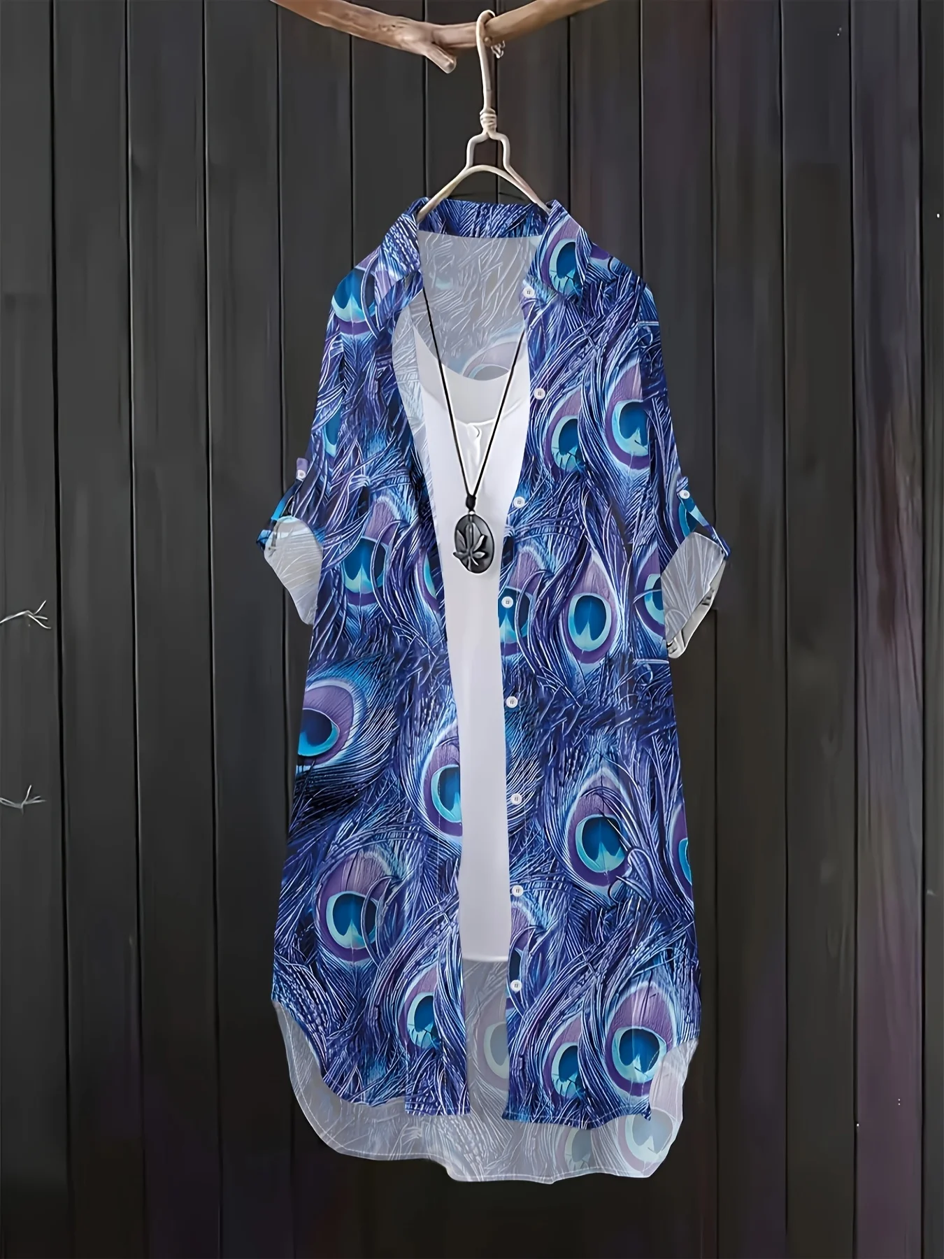 Printed design Casual Style Blue Peacock Feather Pattern Print Long Sleeve Lapel Shirt