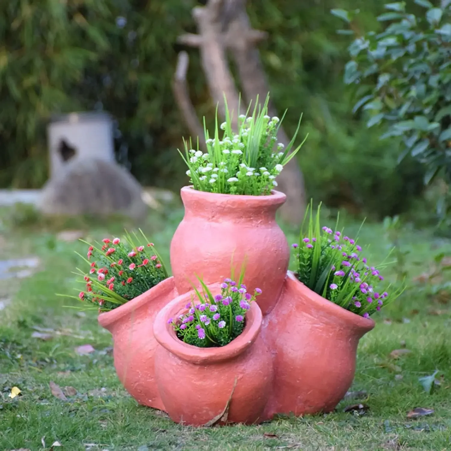 Outdoor Patio Decor, Outdoor Garden Creative Retro 4 Holes Planter,Sculpted Flowerpot with Drain Hole,Resin Figurines Ornaments,