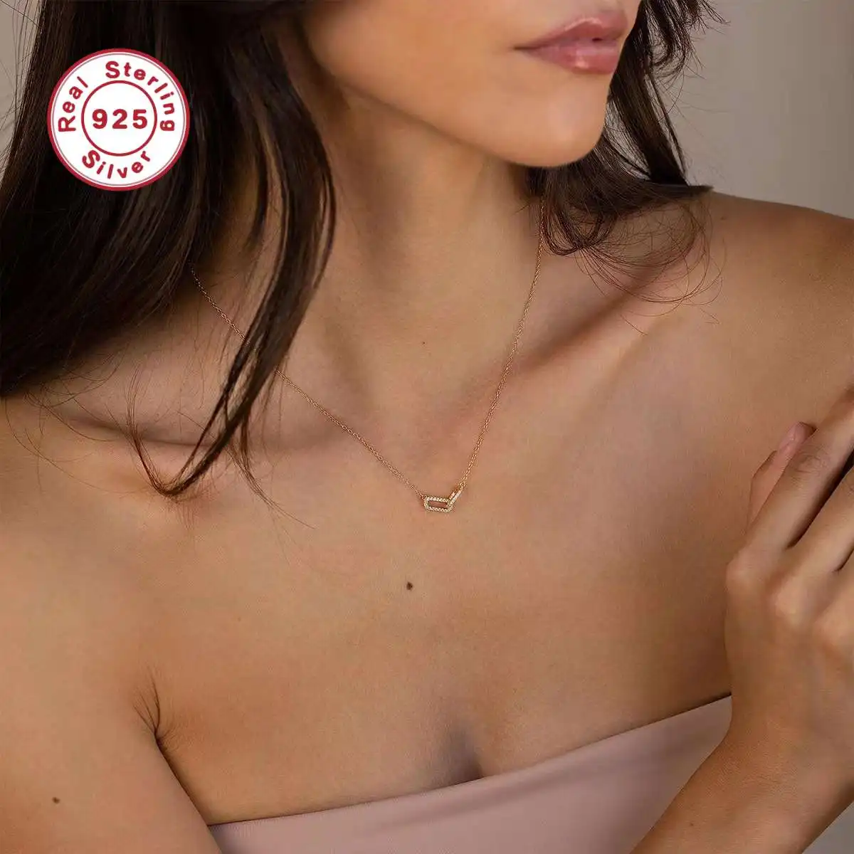 

Женское ожерелье из стерлингового серебра 925 пробы с двойным овальным кольцом, элегантный кулон с двойным кольцом, взаимосвязанный с 18-каратной позолоченной цепочкой на ключицу, подходит для повседневного ношения и подарка на День святого Валентина, под