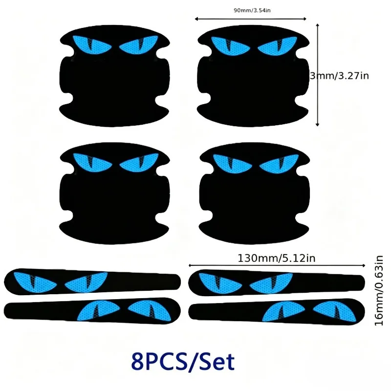 8Pcs Blue Devil Eyes Reflective Door Handle & Bowl Stickers, Anti-scratch Protective Vinyl Decals for Universal Car Modification