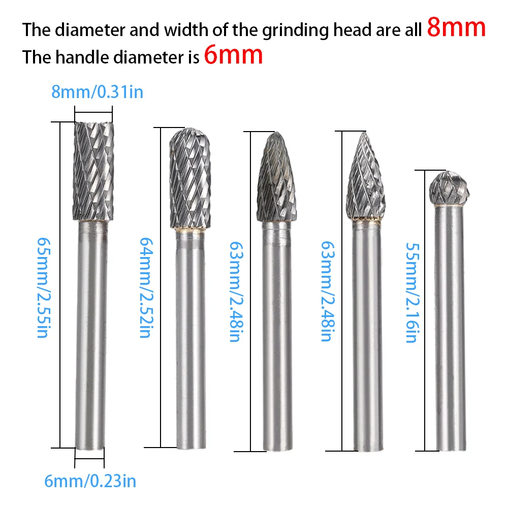 8mm Length 5Pcs Tungsten Carbide Rotary Files Woodworking Plastic Metal Iron Aluminum Stainless Steel Milling Cutter