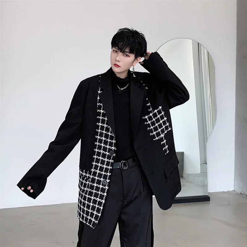 Loose Oversize Black Paid Patchwork Suit Coat Men's Asymmetric Janpanese Streetwear Fashion Blazer Jacket Autum New 2Y348