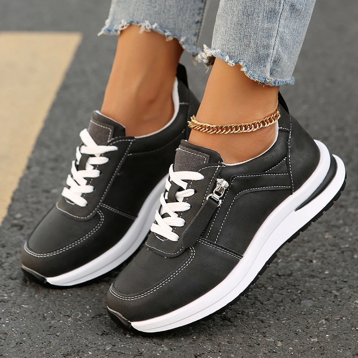 Lightweight Non Slip Running Shoes for Women 2024 Fashion PU Leather Platform Sneakers Woman Comfort Casual Lace Up Sports Shoes