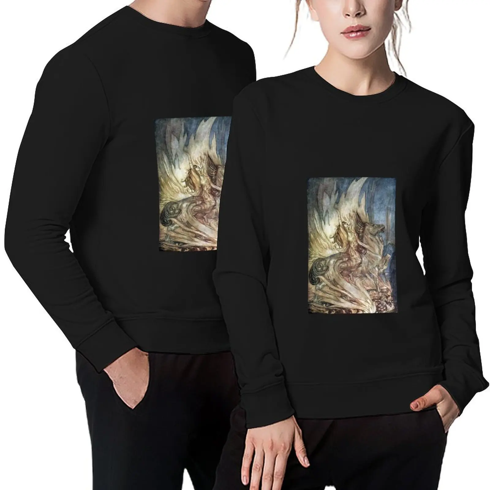 

Twilight of the Gods - Brünnhilde leaps onto Siegfried's funeral pyre (Rackham) Pullover anime clothes oversize sweatshirts