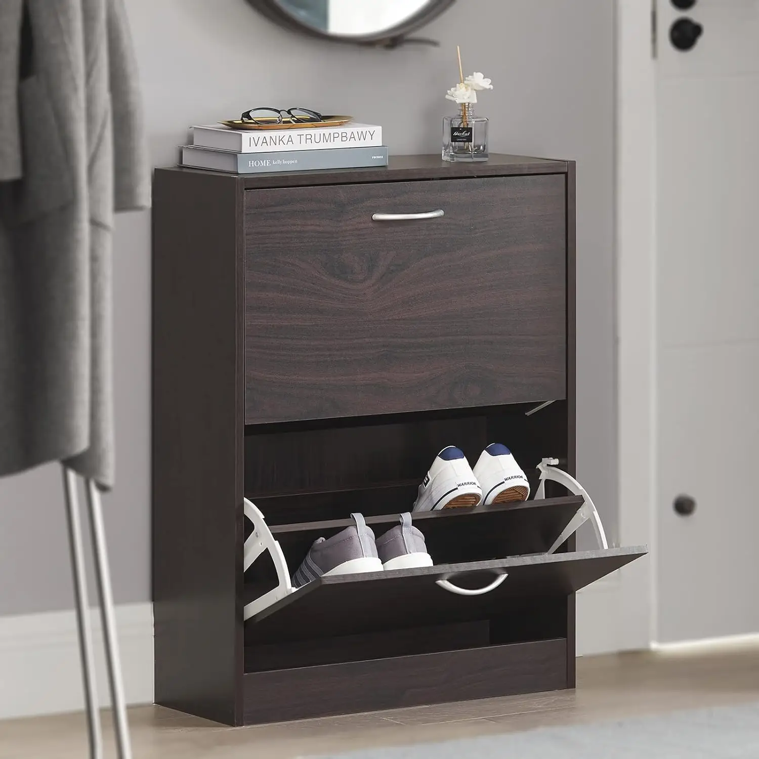 

FSR110-K-BR, Brown Shoe Cabinet with 2 Flip-Drawers, Freestanding Shoe Rack, Shoe Organiazer(9.4" D x 23.6" W x 31.5" H)