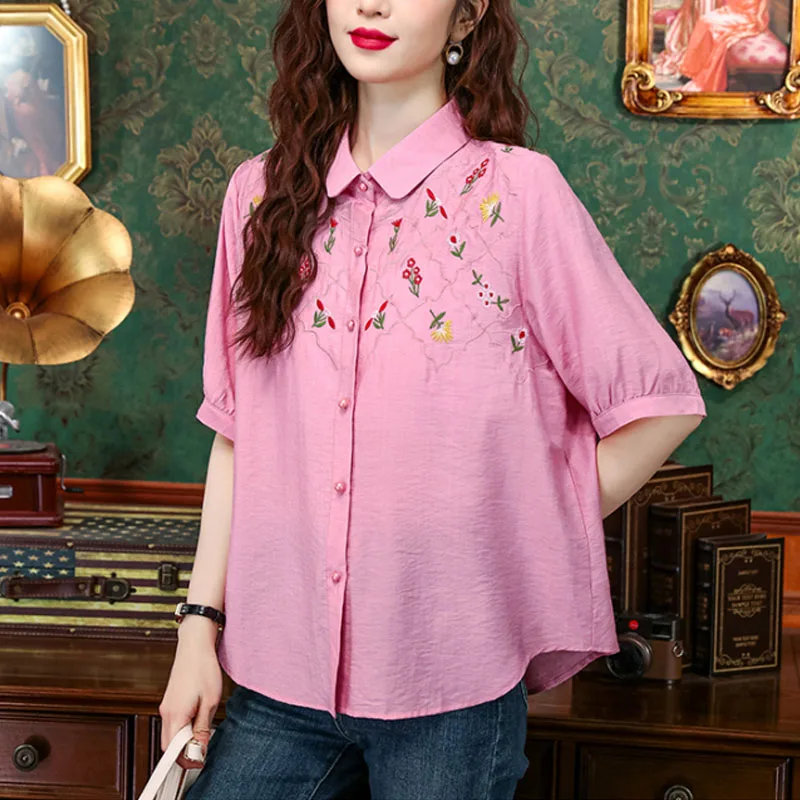 New Women\'s Summer Art Solid Colors Turn-down Collar Button Fashion Elegant Cotton and Linen Embroidery Short Sleeve Shirt Tops