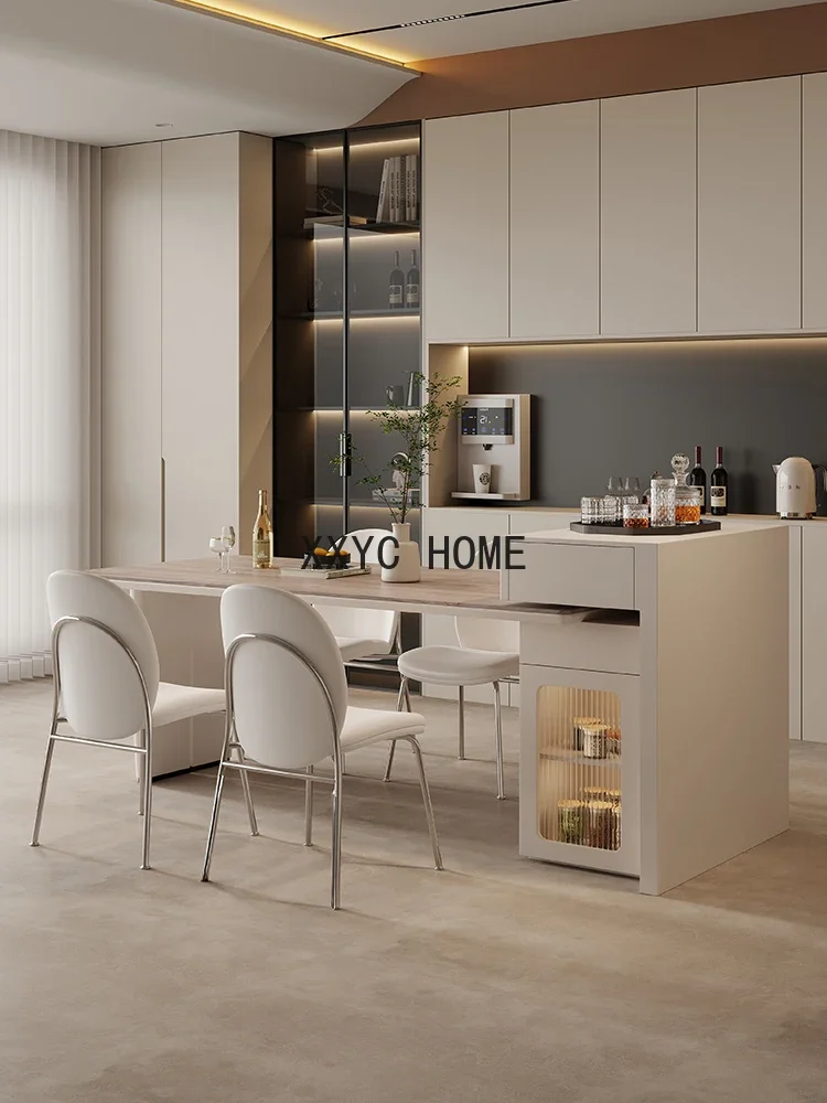 

Italian minimalist island dining table integrated retractable household small apartment rock slab island pulling