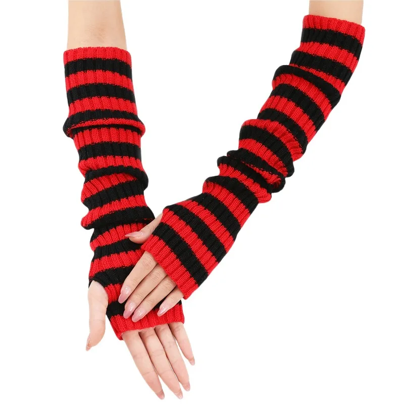 Botvotee Y2k Accessories Stripe Knit Winter Extend Sleeves Half Finger Gloves Black Arm Warmers Free Shipping Sleeves for Women
