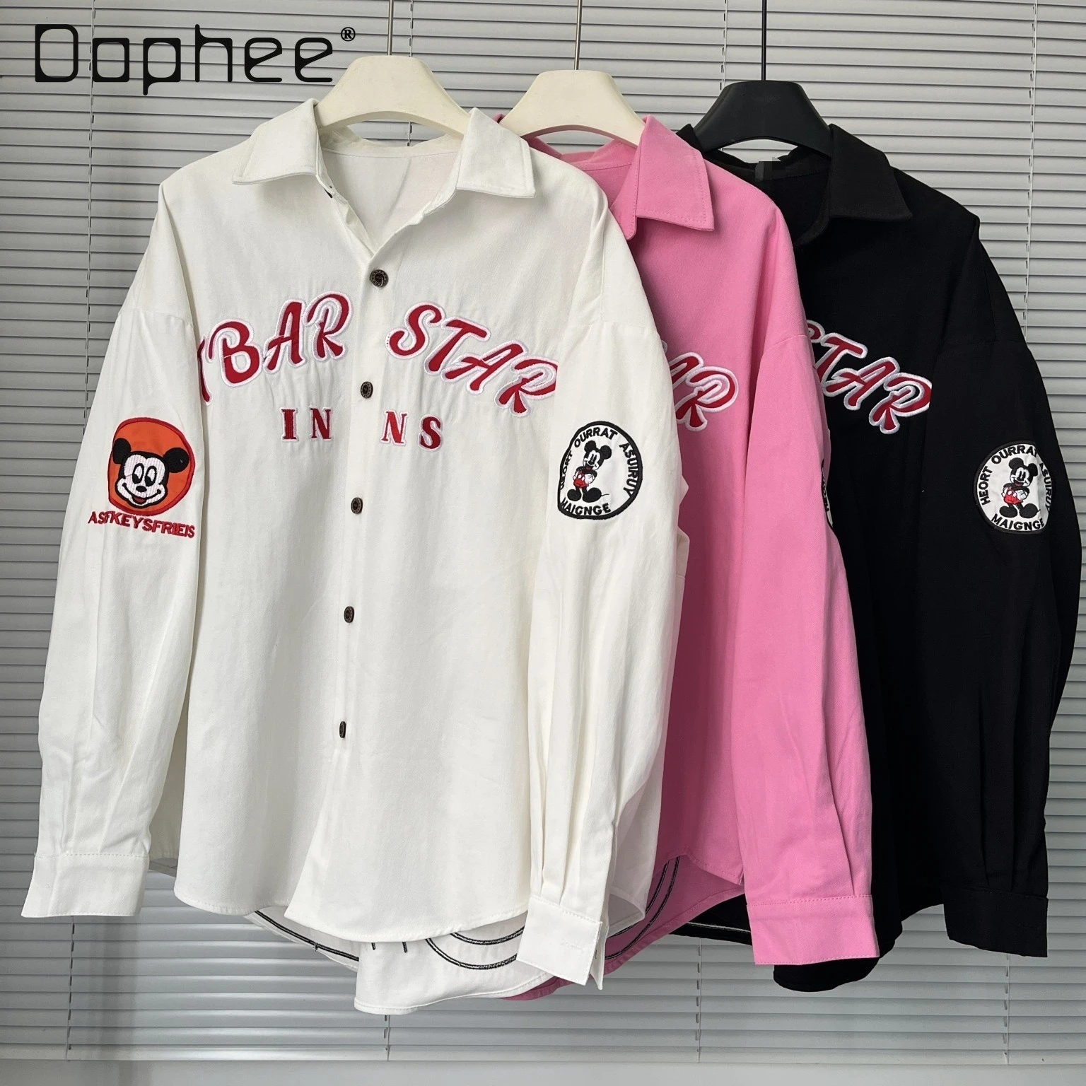 

2025 Autumn New Women's Cartoon Embroidery Long Sleeve Shirt Jacket Loose Retro Trendy Brand Top Jackets for Women