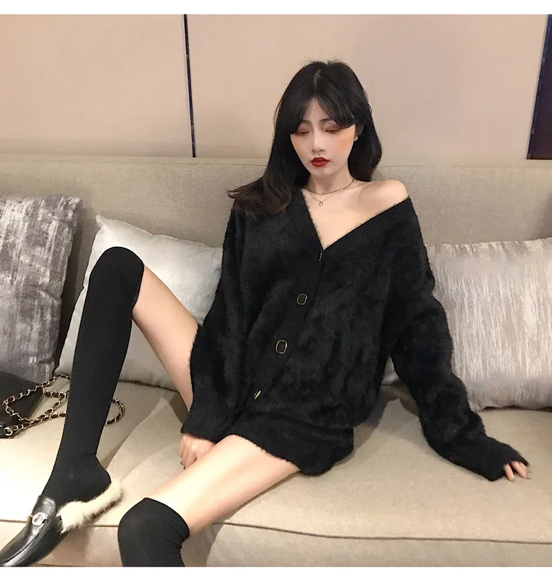 Korean Fashion Women Loose V Neck Mid Long Cardigan New Outerwear Large Sweater Black Red Wine Women's Coat Knitwears Female