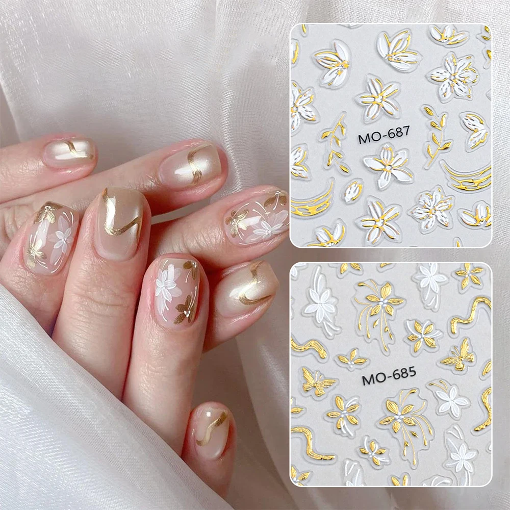 

1pc Golden Flower Hot Stamping Retro Petal Flowers Nail Art Sticker 5D Leaves Gold Line Manicure Decal Accessories
