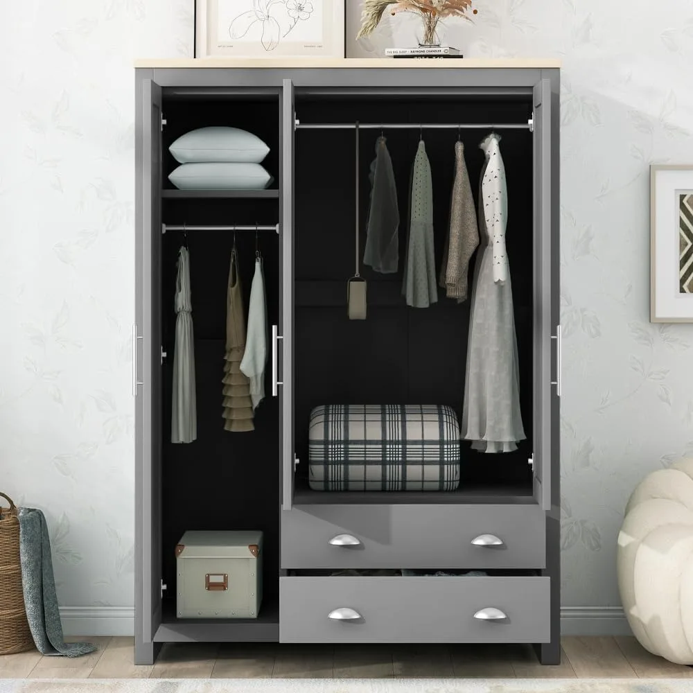 Wardrobe Closet, Three Door Modern Bedroom Storage Wardrobe Closet, with 2 Drawers and 2 Hanging Rods, Storage Cabinet