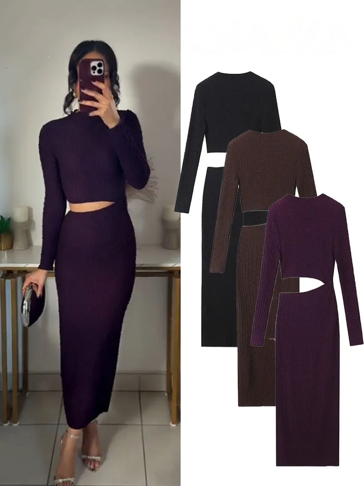 เดรสครอปผู้หญิง HH ดีไซน์หรูหรา เนื้อผ้ามีเท็กซ์เจอร์ ทรงเข้ารูป แขนยาว คอทรงโอ ผ้ายืดหยุ่น สไตล์มินิมอล สำหรับฤดูใบไม้ผลิ