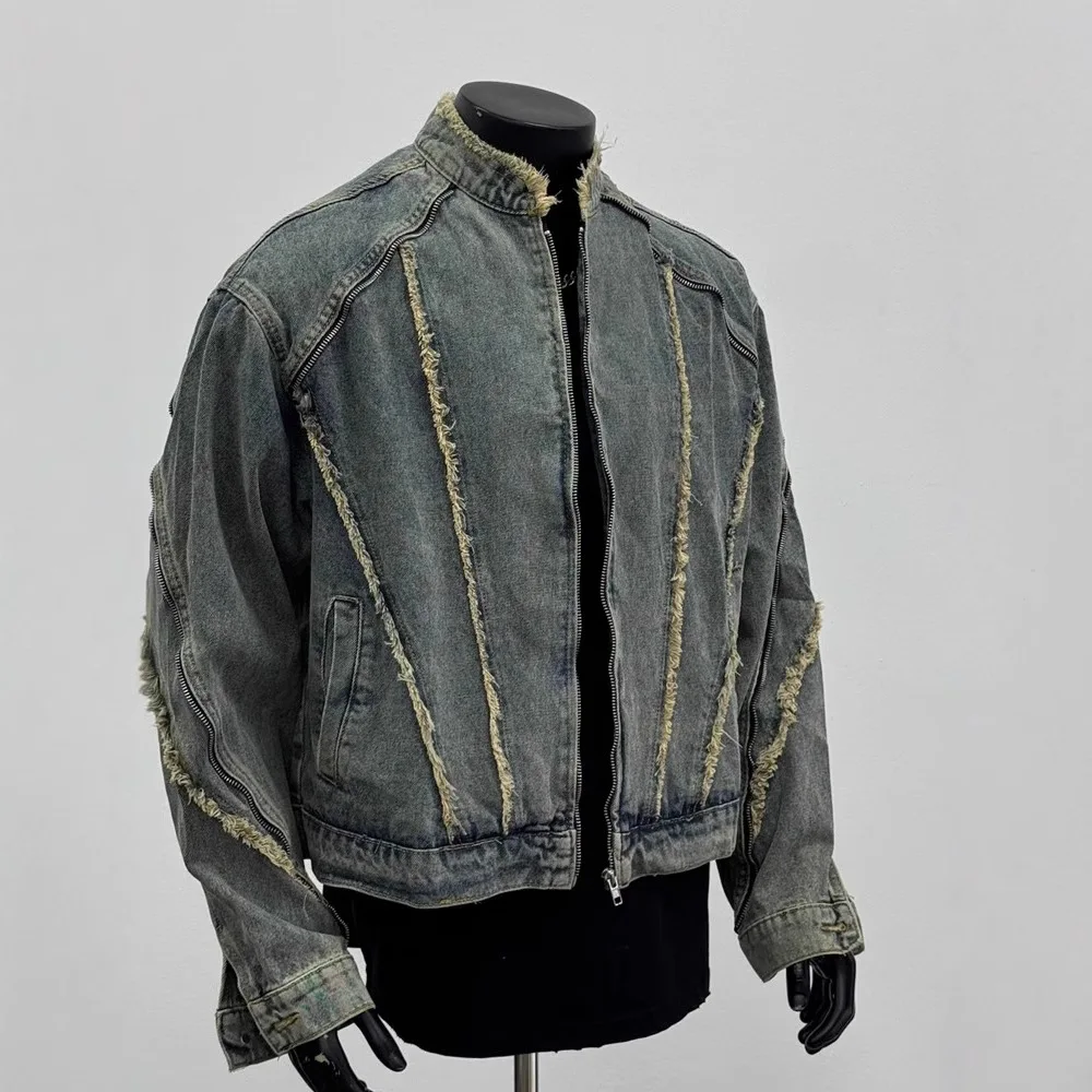 American retro deconstruction rough edge fashion denim jacket men's street zipper stand-up collar locomotive jacket short tassel