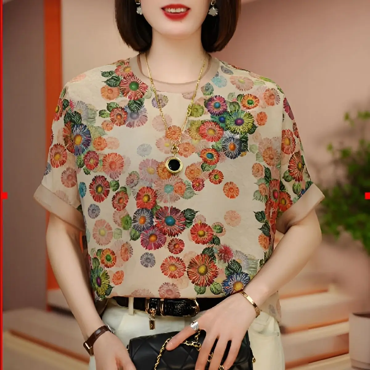 Middle-aged Mother Printed Short-sleeved T-shirt for Women in Summer New Fashionable Age-reducing Versatile Casual Thin Top