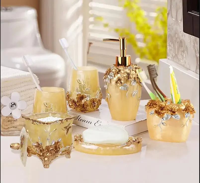 Resin Bathroom Set Lotion Bottle Toothbrush Holder Mouthwash Cup Soap Dish Tissue Box Cotton Swab Box Toilet Brush Garbage Can