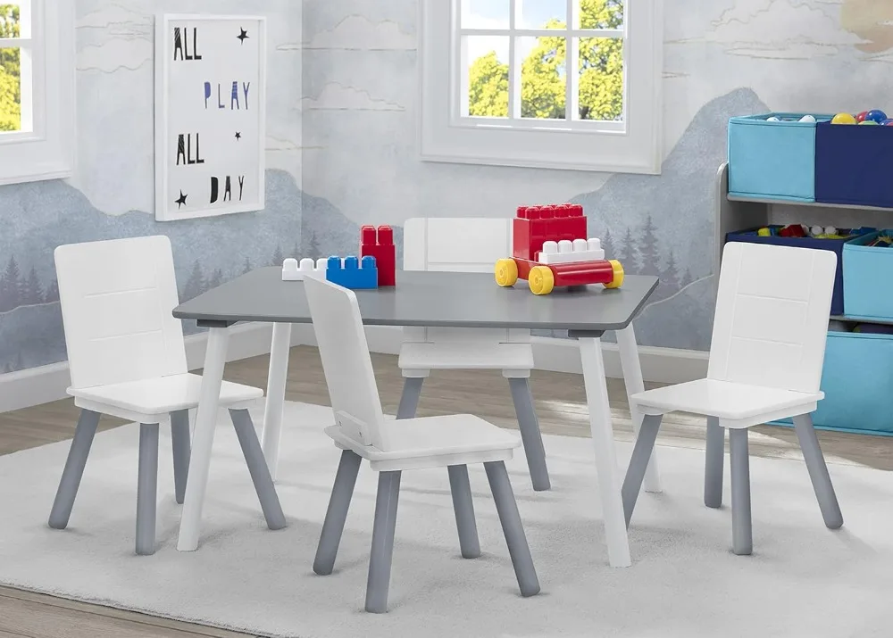 Kids Table and Chair Set with 4 Chairs for Arts, Crafts, Snack Time, Homeschooling in Grey/White
