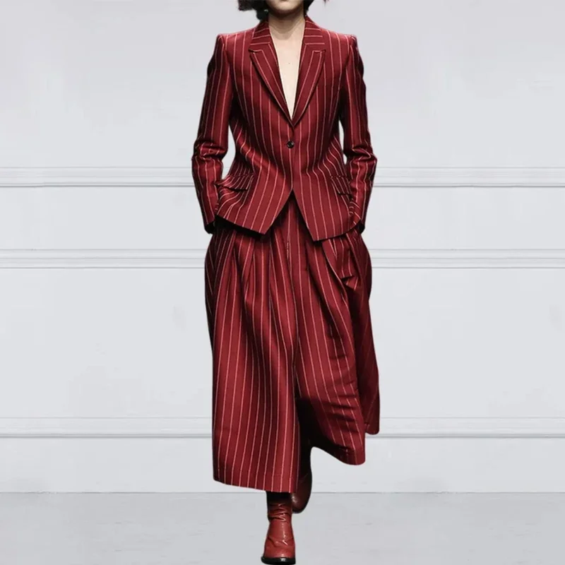 Beautyblue Blazer Set Women Notched Collar Outerwear Striped Trousers New Vintage Loose Wide Leg Long Sleeves Suit Costume Femme