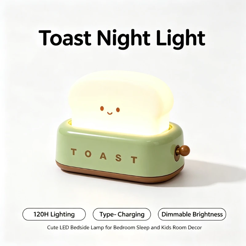 Toast Shaped Night Light Rechargeable Cute Smiling Face Dimmable Bedside Desk Lamp Bedroom Decor