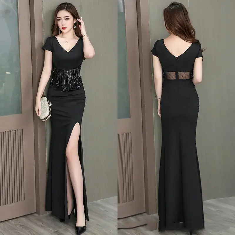 Women‘s Black Uniforms Staff Reception Work Clothes Beauticians Spa Therapists Massage Technicians Sexy Slit Long Dresses