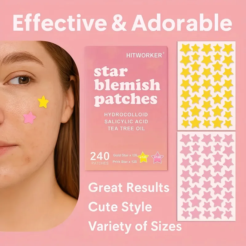 

240 star shaped facial stickers, hydrogel acne stickers, suitable for all skin types, pink and yellow star shaped design