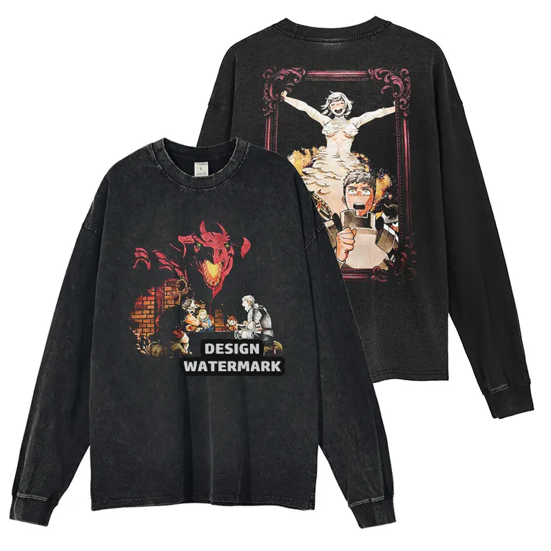 أنيمي D-لذيذ في الزنزانة طويلة الأكمام تي شيرت المتضخم خمر غسلها مارسيل سترة مانغا Laios بلوزات البلوز