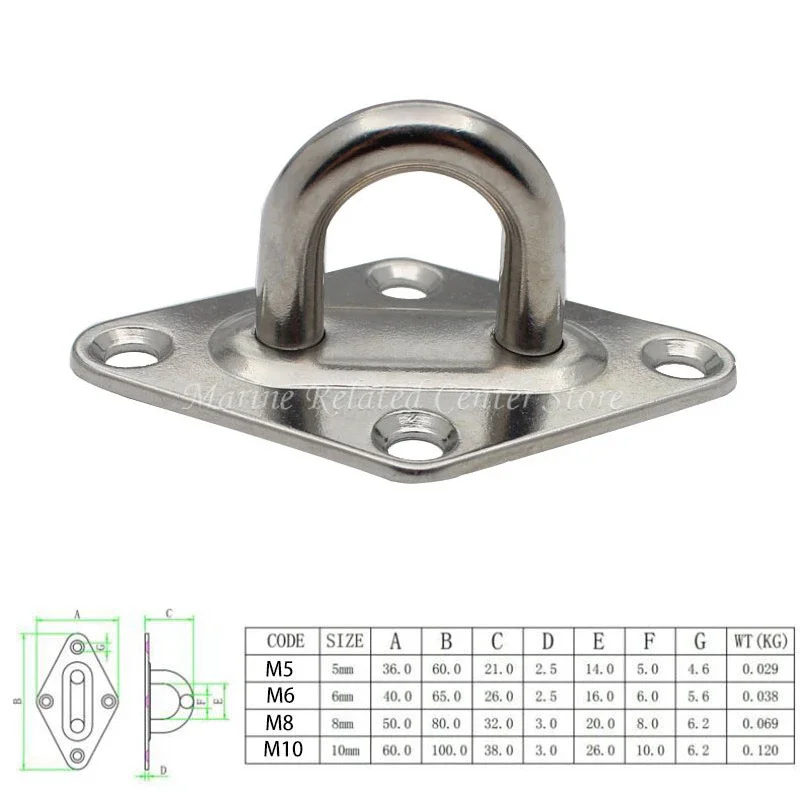 M5 M6 M8 Stainless Steel 304 Pad Eye Plate Hook Fixed Deck Door Buckle Heavy Duty Ceiling Mount Hanger for Yachts Boats