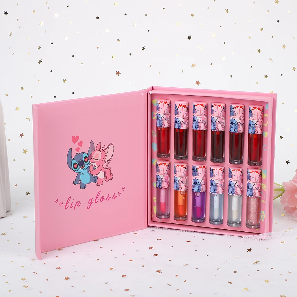 12Pcs Cute Stitch Lip Gloss Set Glossy Lip Tint Moisturizing Waterproof Lip Gloss Lip Stain Girls Party Gift Favors Lips Makeup