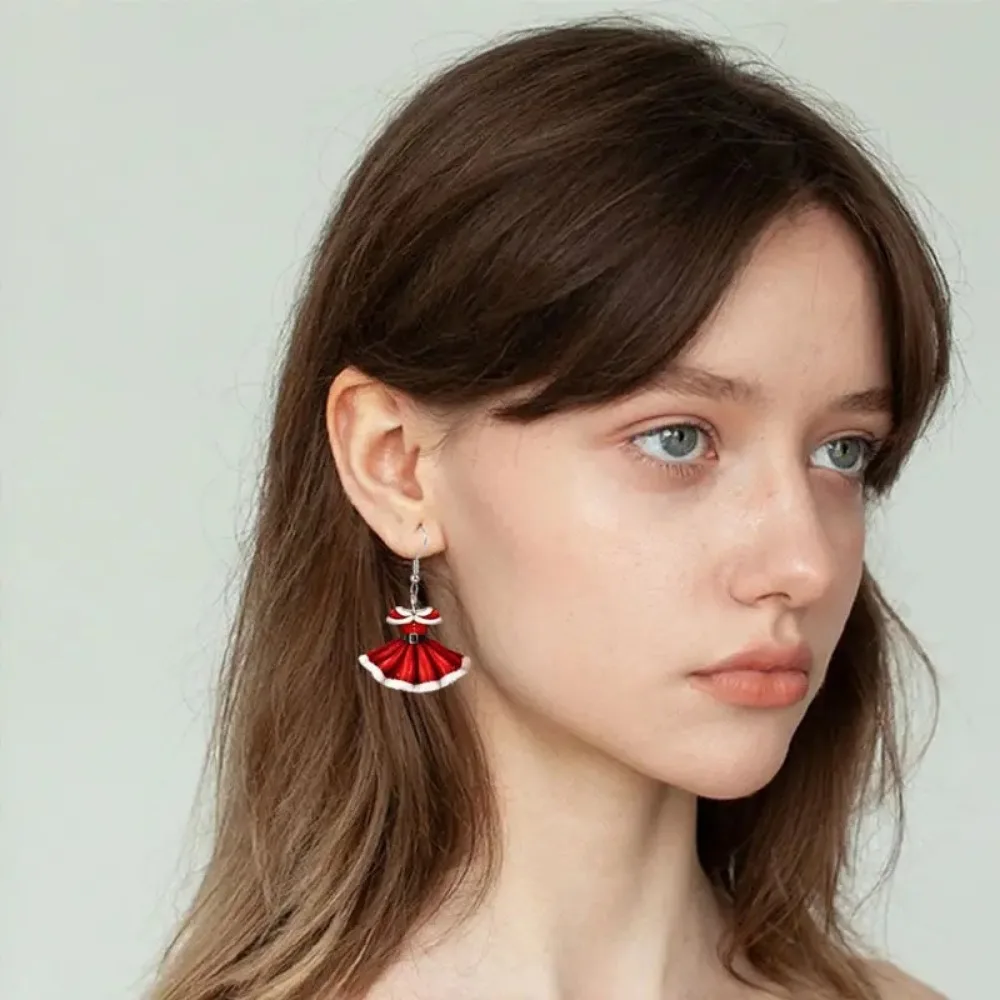 Christmas Red Color Velvet Dress Acrylic Drop Earrings Pendant Women Hook Earrings Creative Gift Cartoon Jewelry Festival Toy