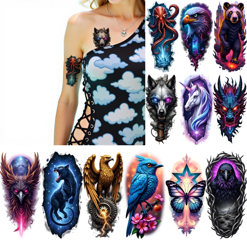 

12 шт., временная татуировка, бабочка, реалистичные временные татуировки, орел, волк, красочный реализм, дракон для мужчин, женщин, взрослых