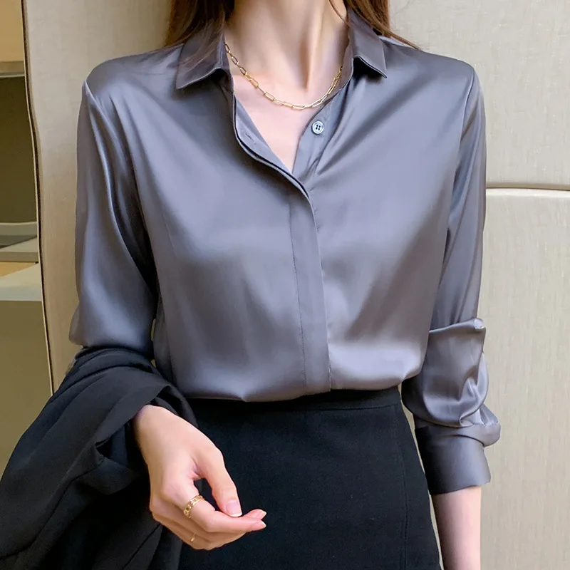 

Fashion Women Satin Blouse Long Sleeve Single-Breasted Commuting Gracefully Solid Work Wear White Office Shirt White Top