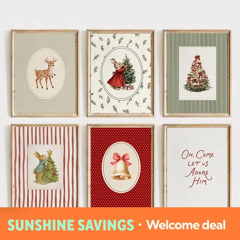 Minimal Red and Gree Bunny Christmas Tree Holiday Bell Cartoon Aesthetic Poster Canvas Painting Wall Art Pictures Home Decor