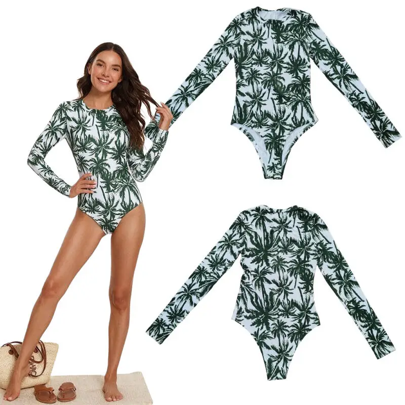 Women One Piece Swimsuit Long Sleeve Green Palm Tree Print Surf Swimwear Zip Front High Cut Bodysuit Summer Beach Bathing Suit